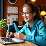 **

A young woman with glasses, sits in front of a computer at a cafe, smiling while working on her blog, showcasing her writing skills, surrounded by a warm atmosphere, wearing casual, modest clothing, safe for work, perfect anatomy, correct proportions, natural pose, professional digital art, family-friendly.

**