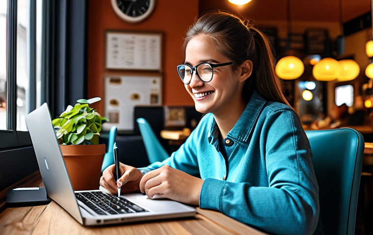 **

A young woman with glasses, sits in front of a computer at a cafe, smiling while working on her blog, showcasing her writing skills, surrounded by a warm atmosphere, wearing casual, modest clothing, safe for work, perfect anatomy, correct proportions, natural pose, professional digital art, family-friendly.

**